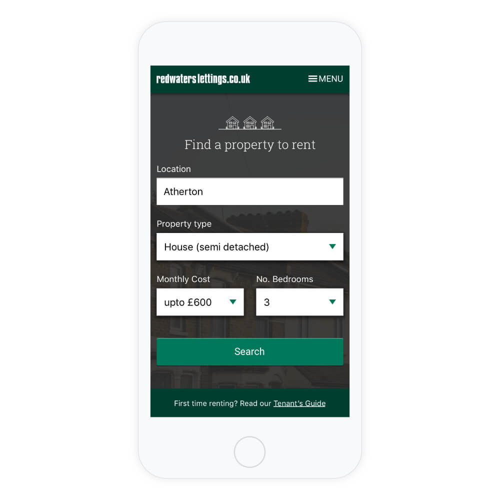 responsive website design – a property search website displayed on a mobile phone
